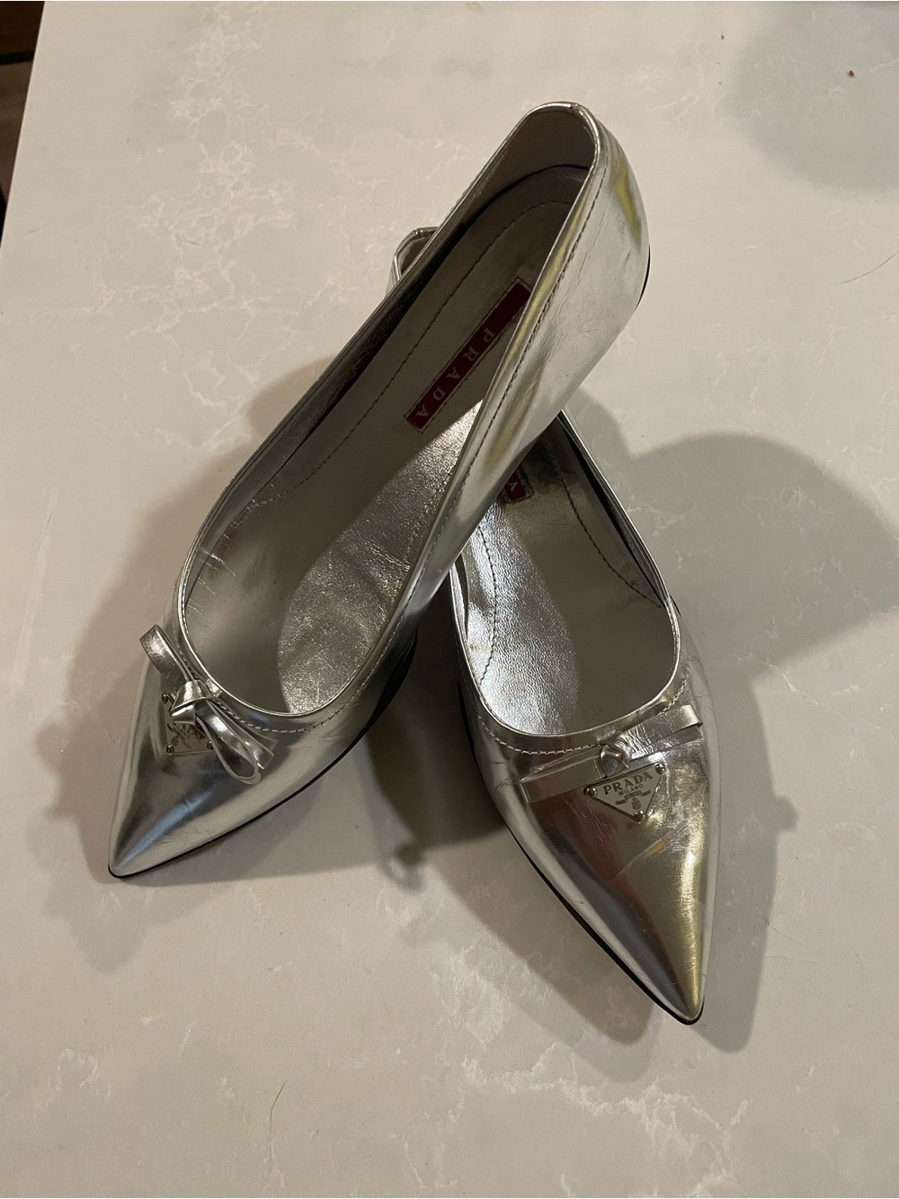 Prada Silver Pointed-Toe Bow Ballet Flats